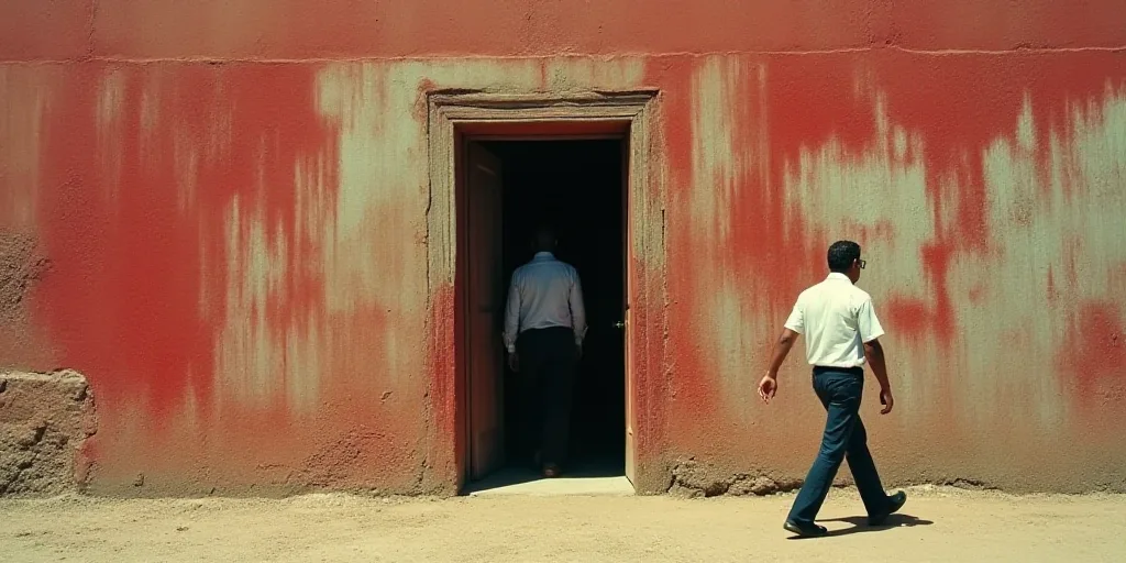 a man is entering a building with a red and white sign on it's side and a man is walking out of the