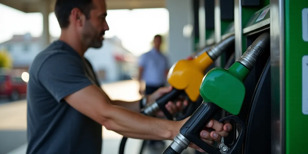 a man is filling up a gas pump at a gas station with a gas pump attendant in the background, Ceferí