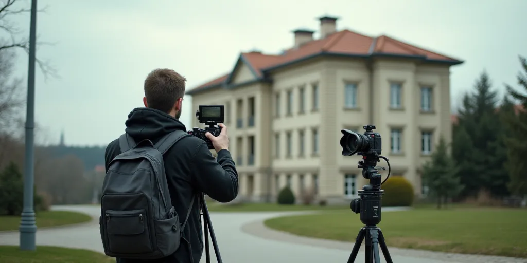 a man is filming a building with a camera on a tripod in front of it and a camera is set up to take