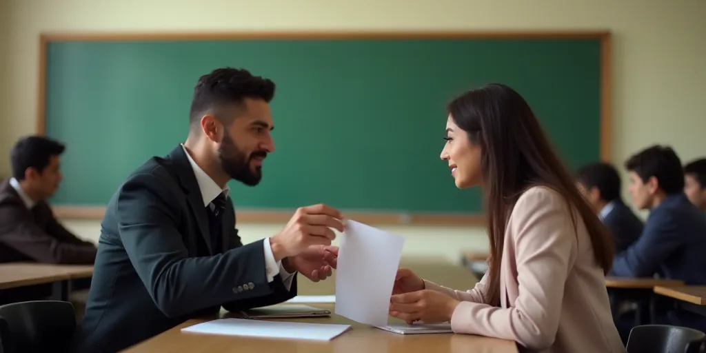 a man is handing a woman a piece of paper at a desk in a classroom with other people sitting around,