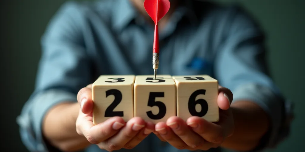 a man is holding a block with numbers on it and a dart in the center of the block, with the number t