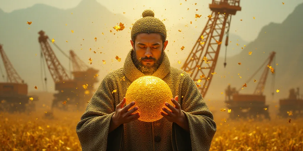 a man is holding a large ball of gold in his hands and a crane is in the background behind him, Cao