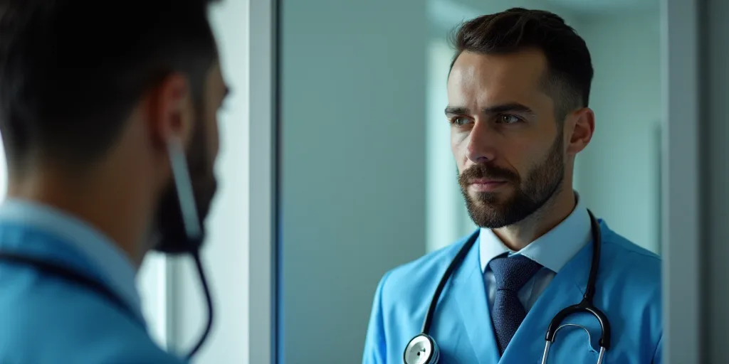 a man is listening to his heartbeat with a stethoscope while another man watches him in the mirror,