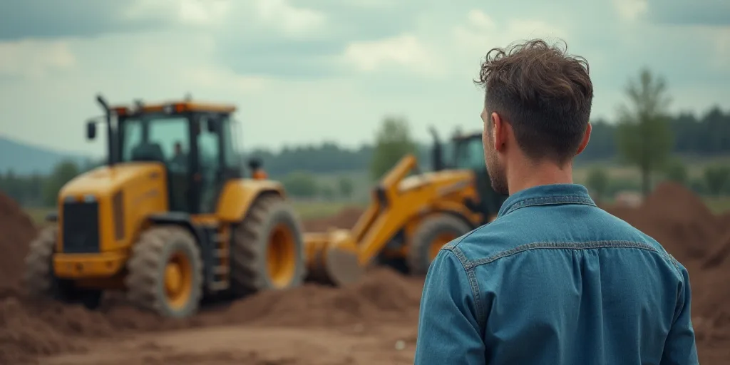 a man is looking at a construction site with a bulldozer and a tractor in the background and a man i