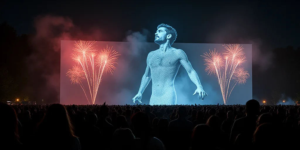 a man is on a large screen in the dark with fireworks coming out of it and people standing around, C