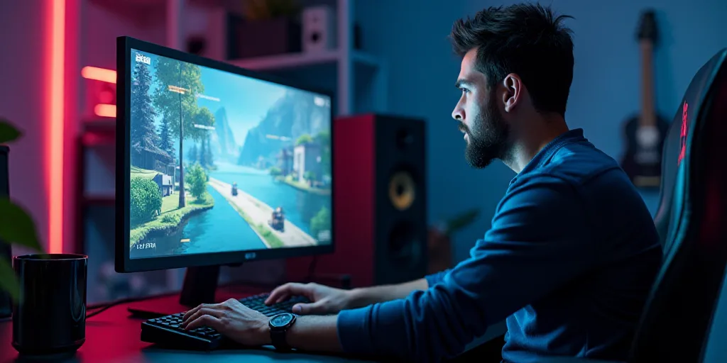 a man is playing a video game on a computer screen while sitting at a desk with a keyboard and mouse