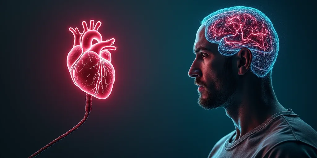a man is plugging in to a heart and a brain plugged in to a charger with a cord, Évariste Vital Lum