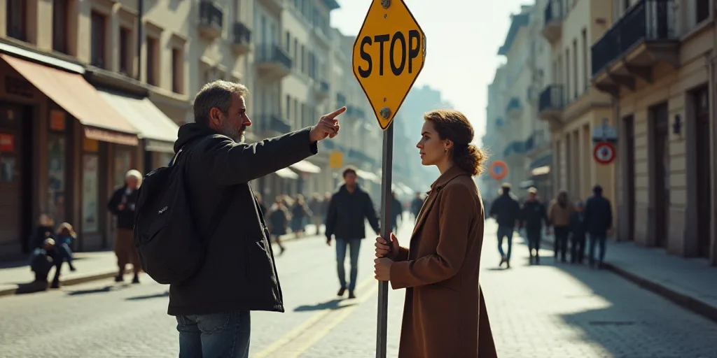a man is pointing at a sign on a street corner with people walking by it and a woman is standing nex