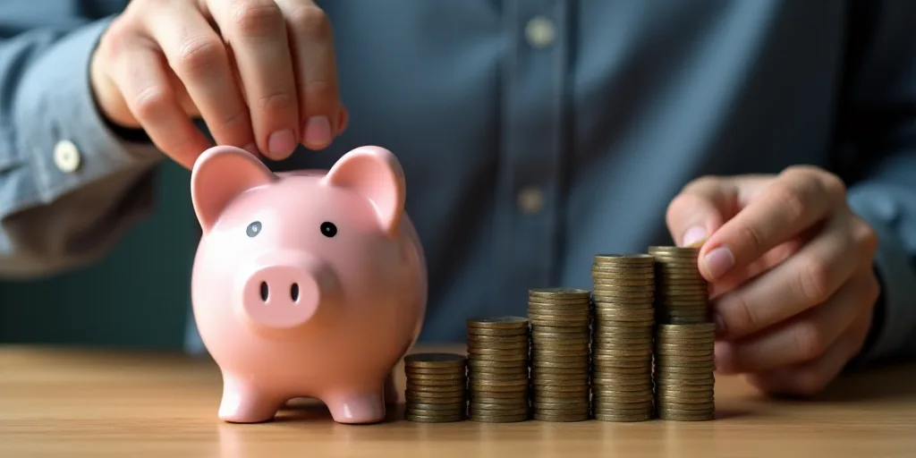 a man is putting coins into a piggy bank and putting them in a stack of coins to make a note, Andrie
