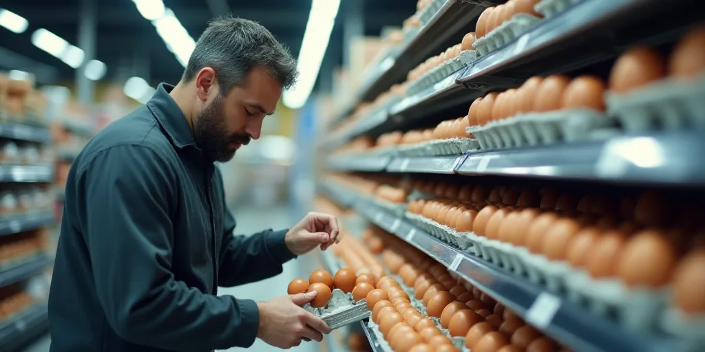 a man is putting eggs in a carton in a store aisle with a machine and a carton of eggs, Ceferí Oliv