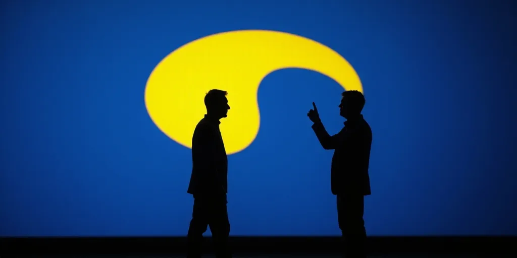 a man is silhouetted against a blue and yellow logo of the company, the logo of the company, Everett