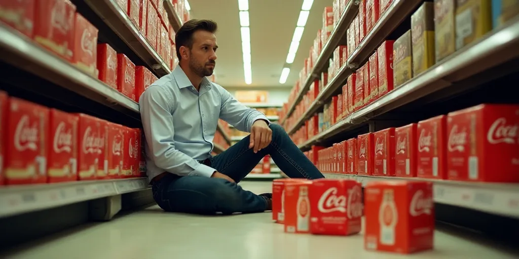 a man is sitting on the floor in a store aisle with boxes of coca - cola on the floor, Dorothy Coke,