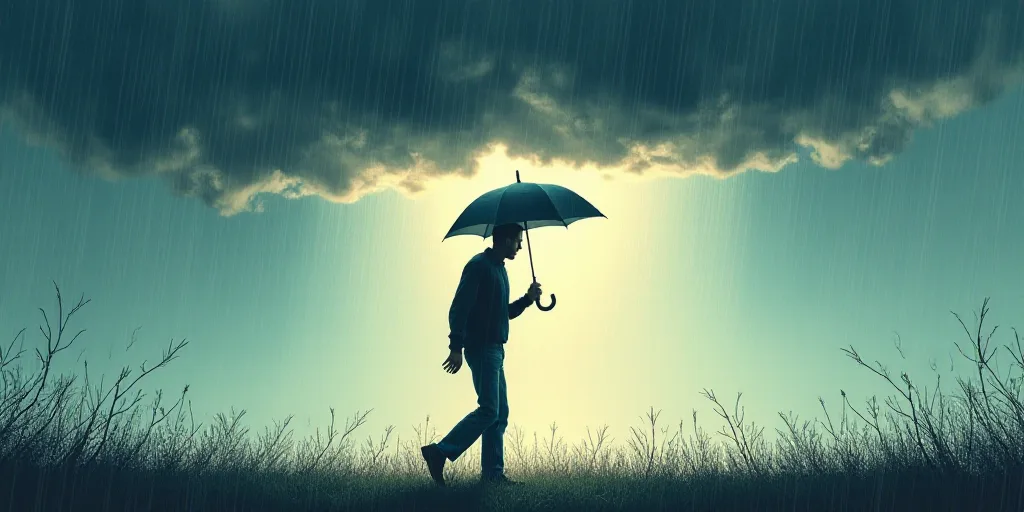 a man is trying to get out of the rain with an umbrella and a storm cloud above him,, Andries Stock,
