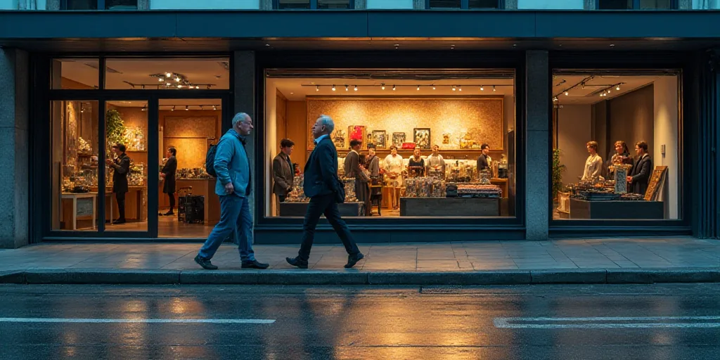 a man is walking by a store front window with a reflection of him in the glass window of the store,