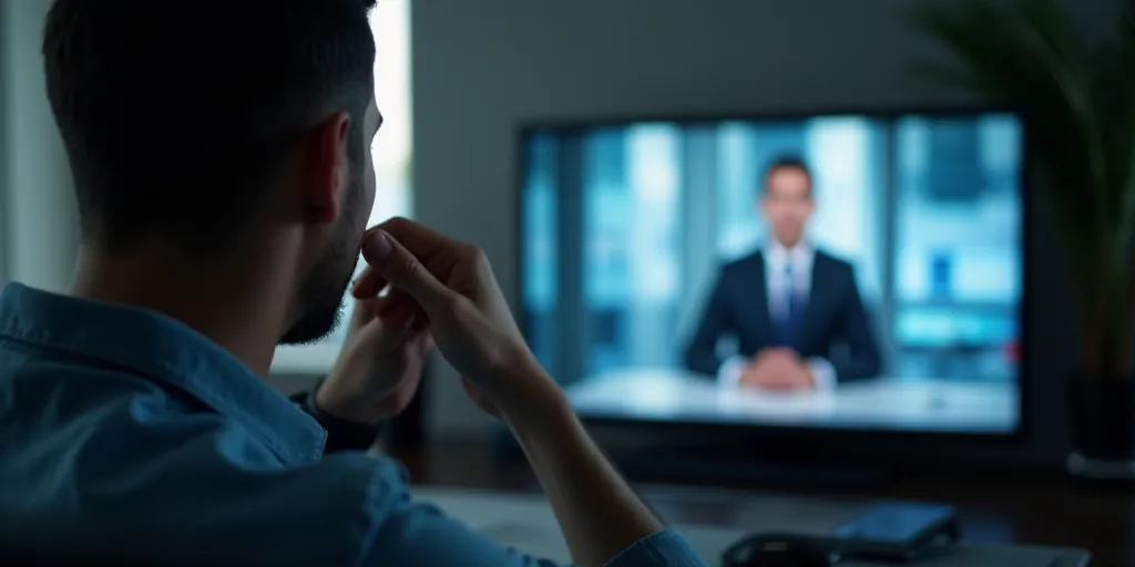 a man is watching a television screen with a news anchor on it and another man is watching a news an