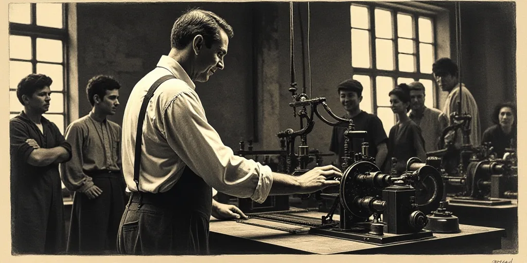 a man is working on a machine in a factory with other people looking on and looking at it with a smi