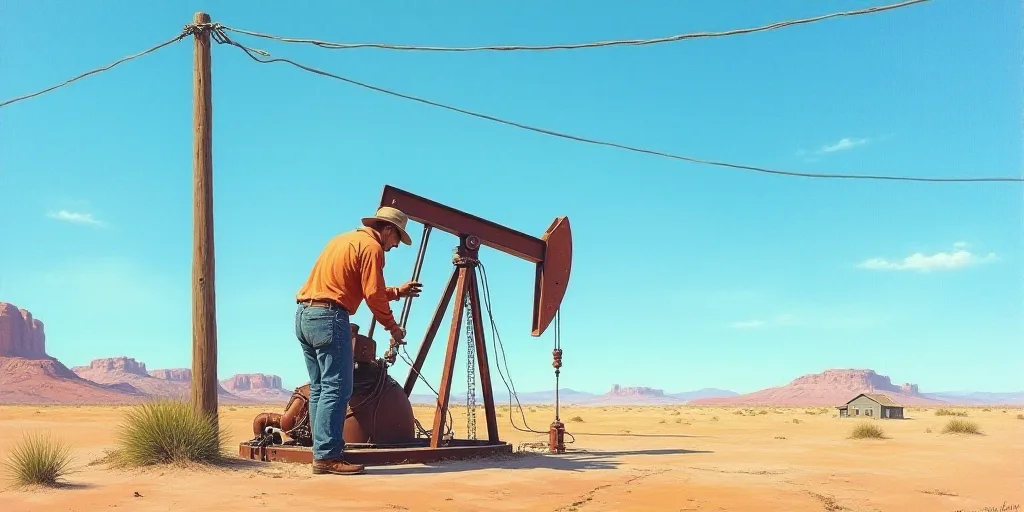 a man is working on a pump in the desert with a blue sky in the background and a few wires above him