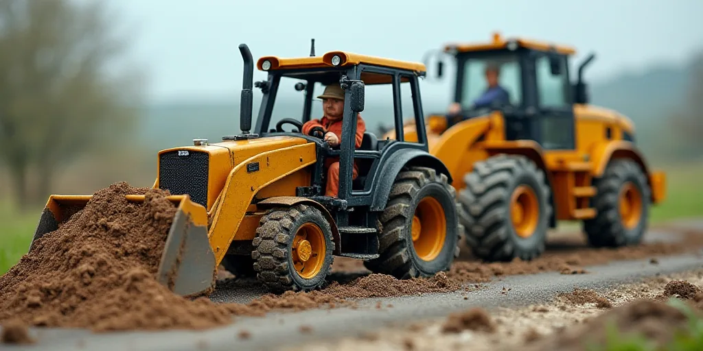 a man is working on a road with a machine and a bucket of dirt in front of him and a bulldozer behin