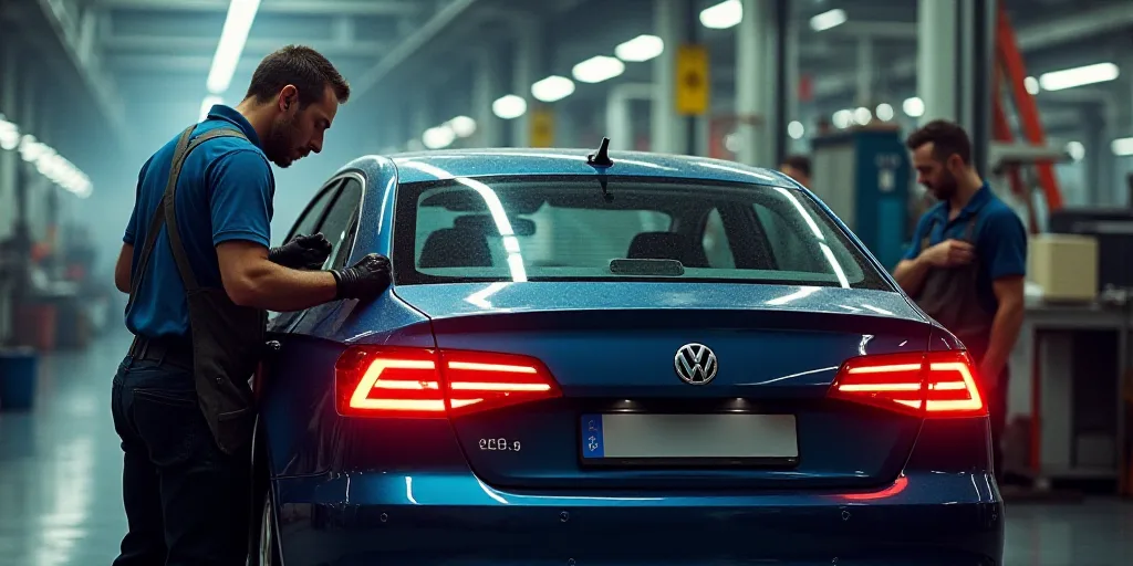 a man is working on a volkswagen car in a factory building, with a worker in the background looking