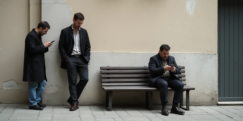 a man leaning against a wall while another man looks at his cell phone in the street while another m