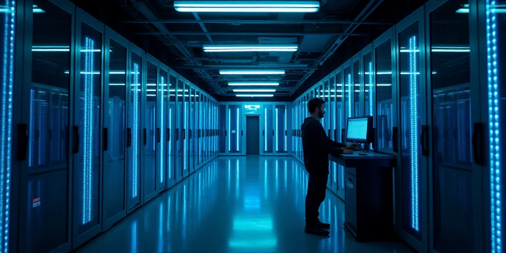 a man looking at a computer in a server room with blue lights on the side of the room and a mirror i