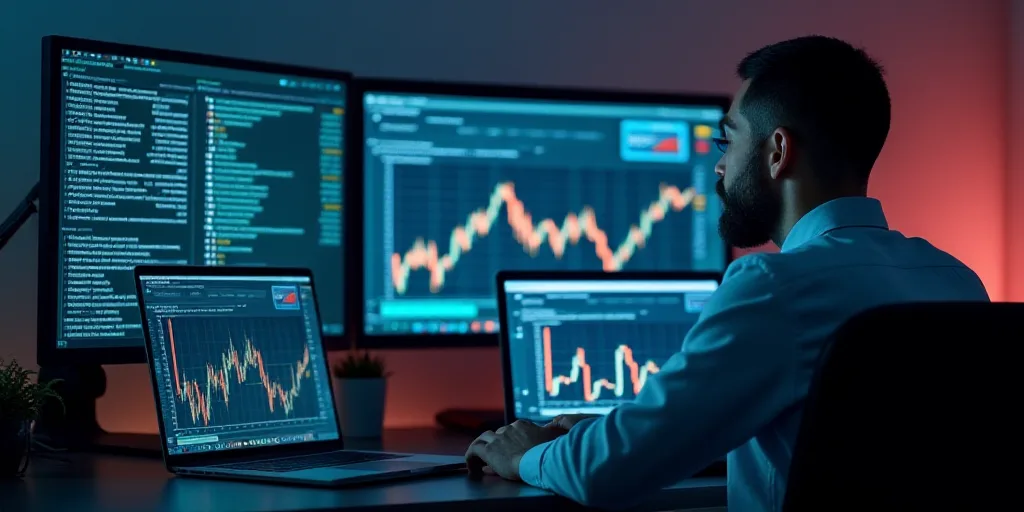 a man looking at multiple computer screens with different graphs on them and a laptop on the desk wi