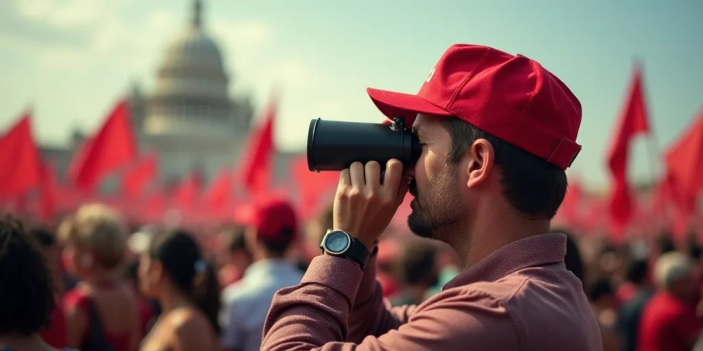 a man looking through binoculars at a crowd of people holding flags and flags in the background, wit
