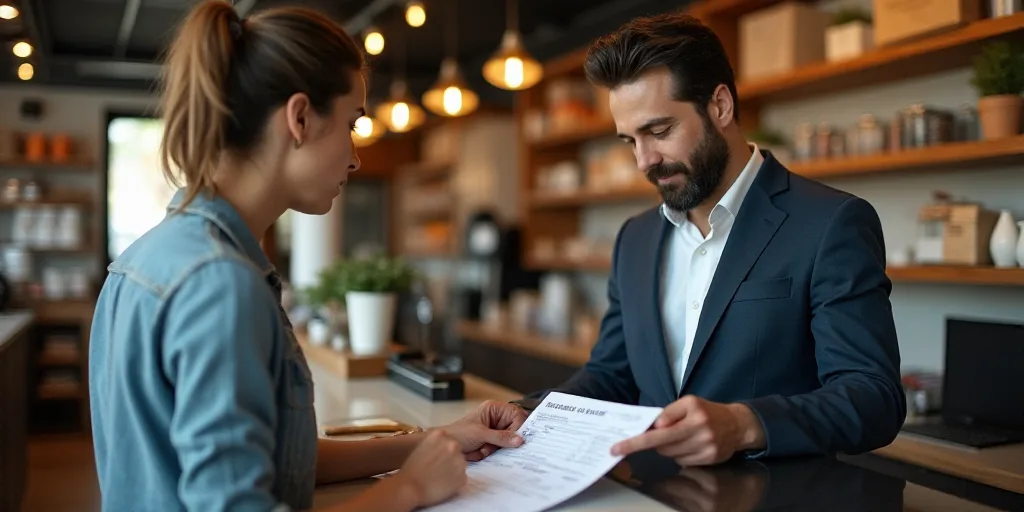 a man paying a check in at a store with a woman behind him and a man behind the counter, Estuardo Ma