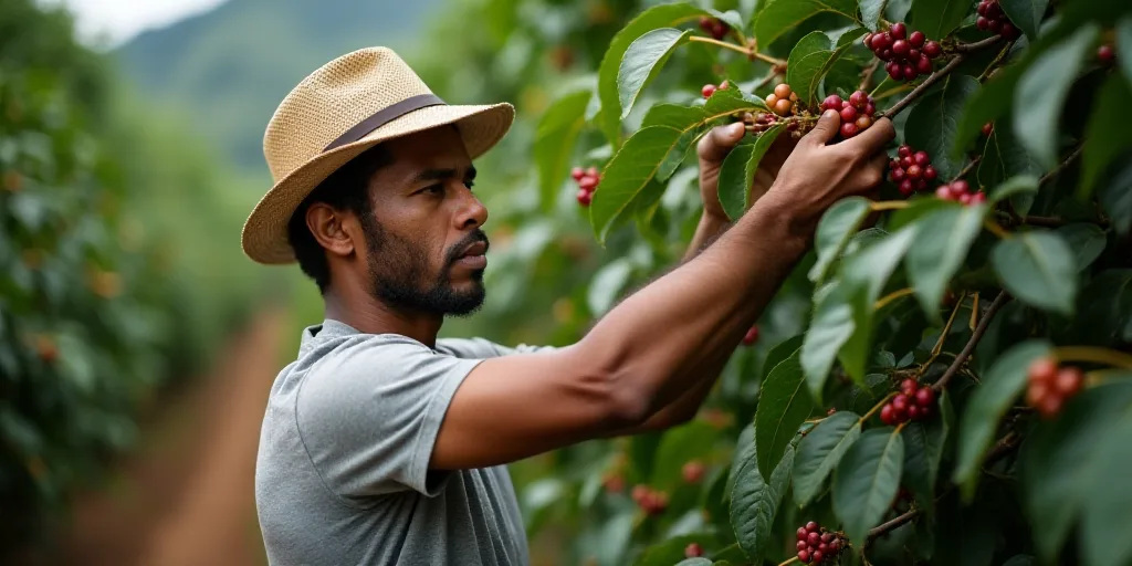 a man picking coffee beans from a tree in a coffee plantation in the country of colombia, latin amer