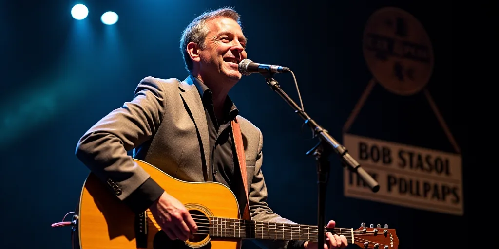 a man playing a guitar on stage with a microphone and microphone stand behind him and a sign behind