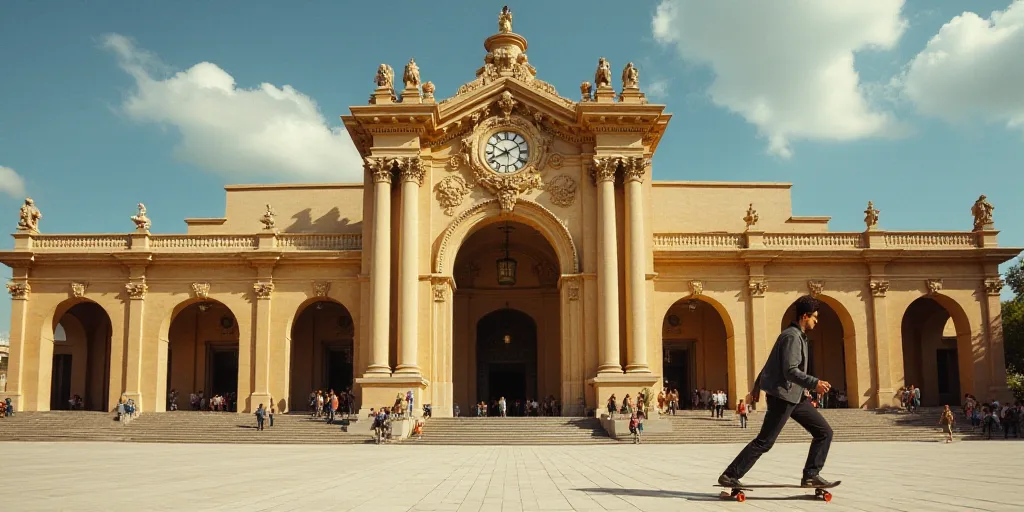 a man riding a skateboard in front of a building with a clock on it's face and people standing aroun