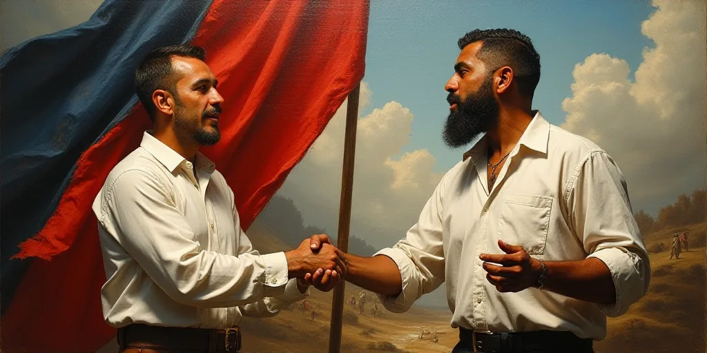 a man shaking another mans hand in front of a flag and a painting of a man in a white shirt, Eddie M