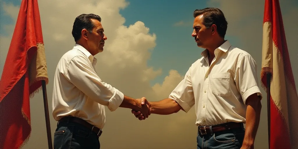 a man shaking another mans hand in front of a flag and a painting of a man in a white shirt, Eddie M