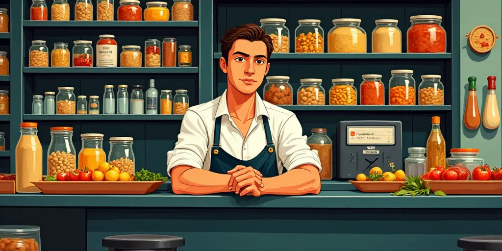 a man sitting at a counter in a store with a lot of food on it's shelves and a shelf full of food, C