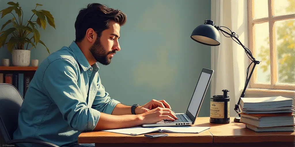 a man sitting at a desk with a laptop computer in his hand and a book on the desk behind him, Ángel