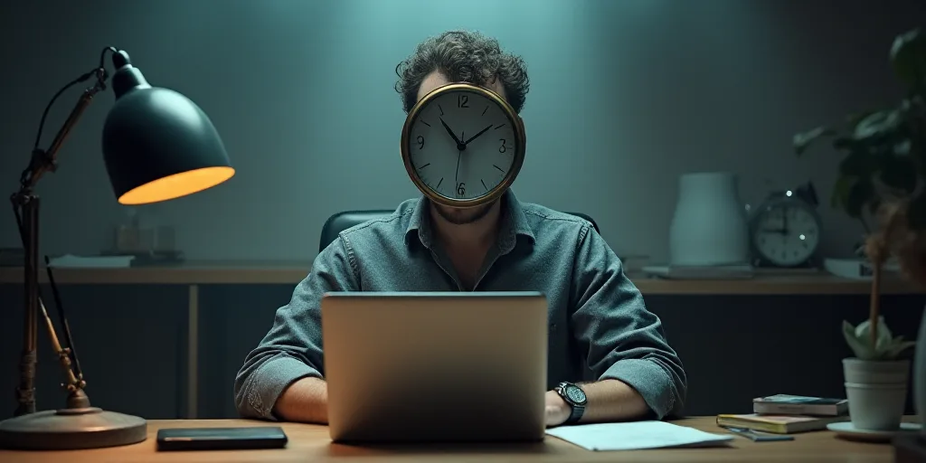 a man sitting at a desk with a clock in front of his face and a laptop on his desk, Évariste Vital