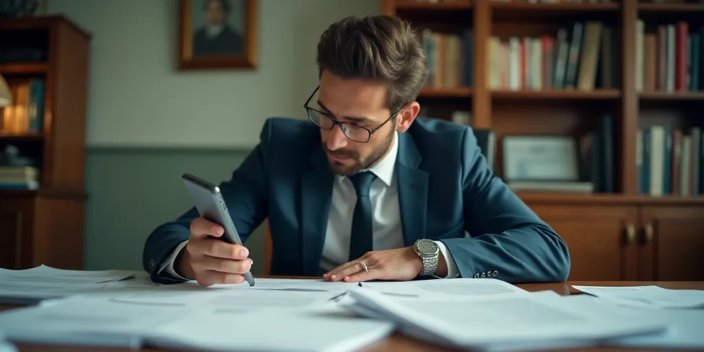 a man sitting at a desk with a lot of papers on it and a cell phone in his hand, Ceferí Olivé, mac