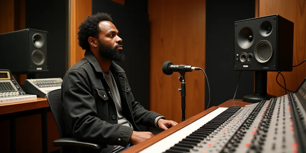 a man sitting at a sound board in a recording studio with a microphone and sound equipment behind hi
