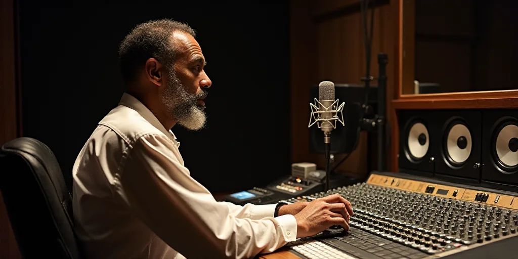 a man sitting at a sound board in a recording studio with a microphone and sound equipment behind hi