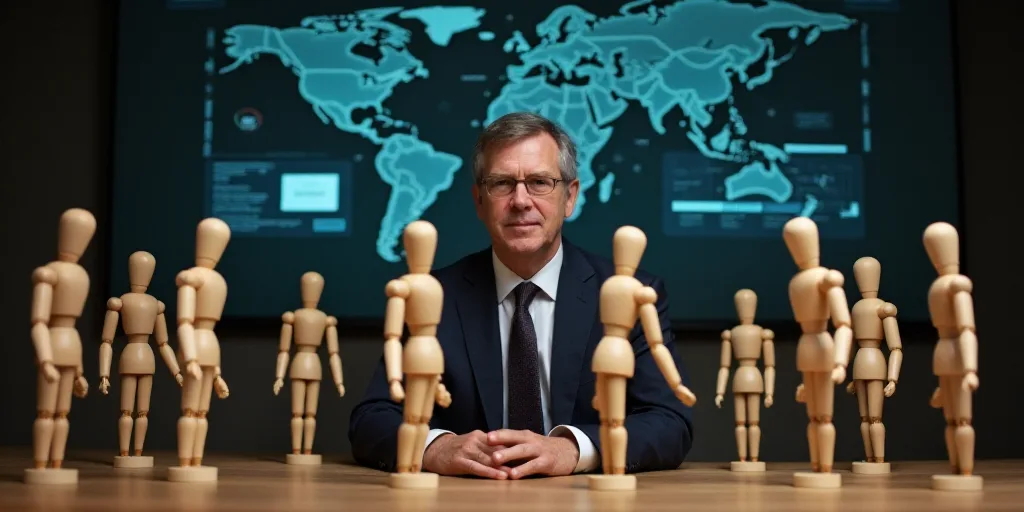 a man sitting at a table with a group of wooden people in front of him with a digital interface abov