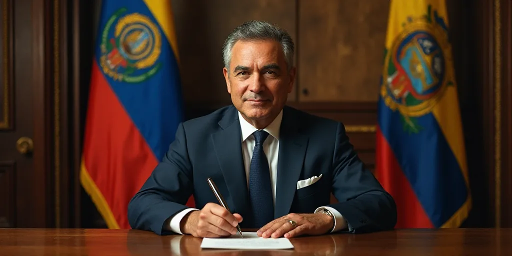 a man sitting at a table with a pen in his hand and two flags behind him and a flag behind him, Fede