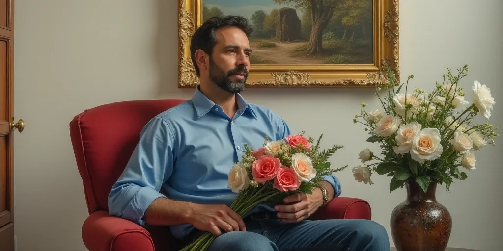a man sitting in a chair with a flower bouquet in his hand and a painting behind him on the wall, Ca