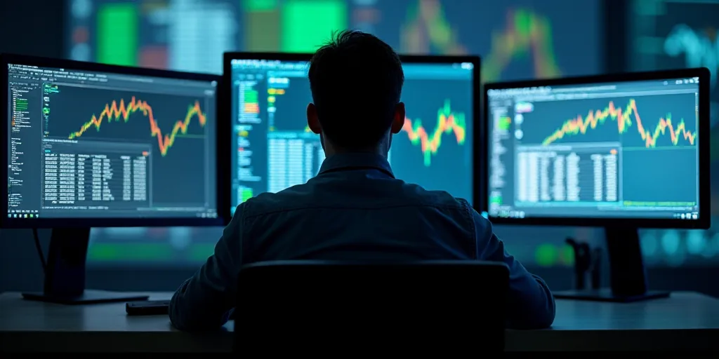 a man sitting in front of a computer monitor with a nasda logo on it's back and a lot of monitors be