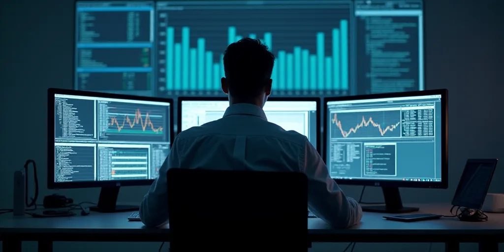 a man sitting in front of multiple computer monitors with screens on them and a chart on the wall be