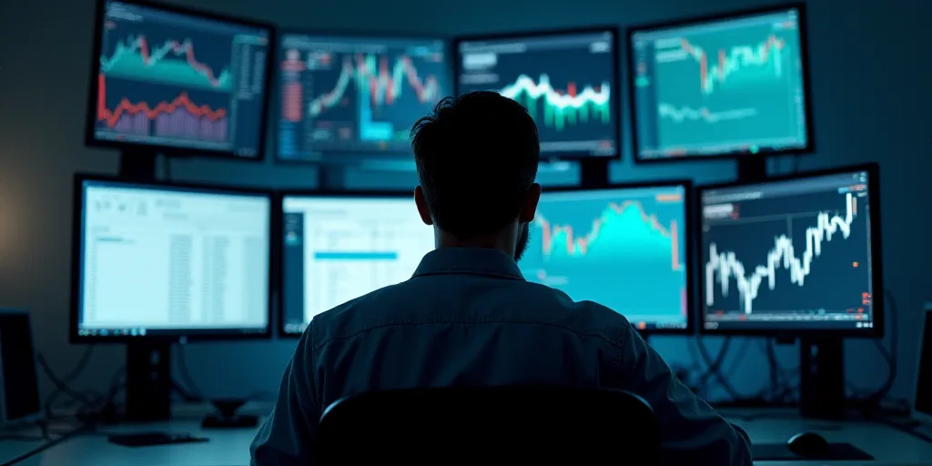 a man sitting in front of multiple computer monitors with screens on them and a chart on the wall be