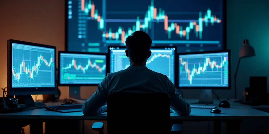 a man sitting in front of multiple computer monitors with screens on them and a chart on the wall be