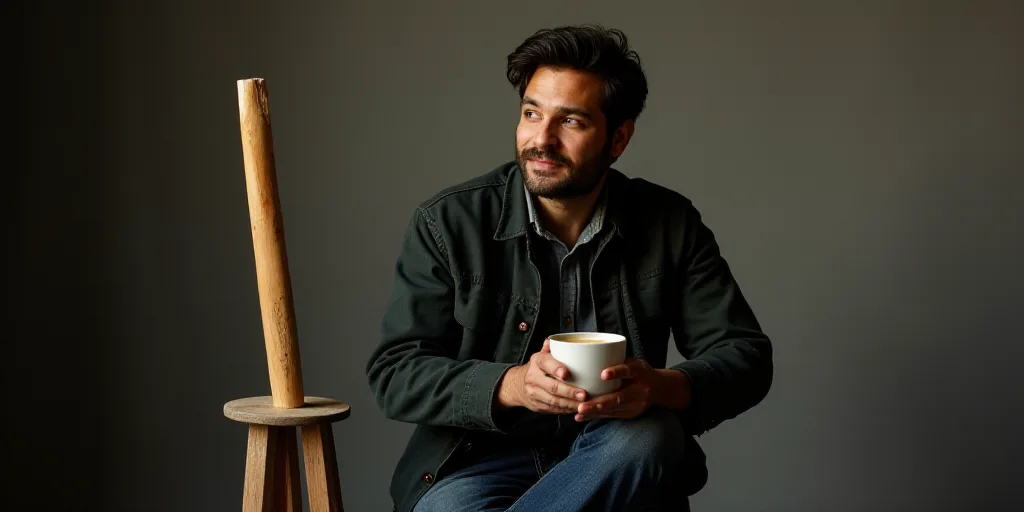 a man sitting on a stool holding a wooden stick in his hand and a cup of coffee in his other hand, B