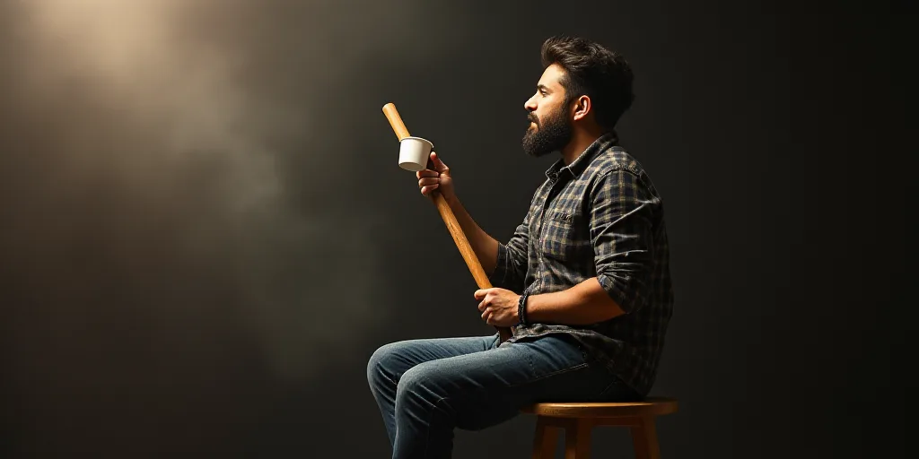 a man sitting on a stool holding a wooden stick in his hand and a cup of coffee in his other hand, B