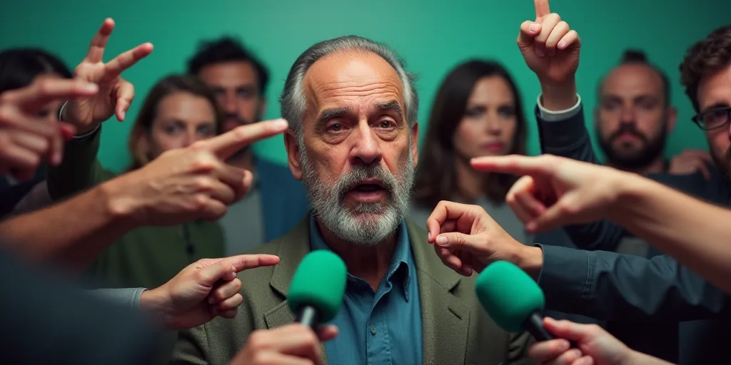 a man speaking into a microphone surrounded by people holding microphones and pointing fingers up to