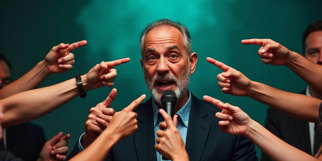 a man speaking into a microphone surrounded by people holding microphones and pointing fingers up to